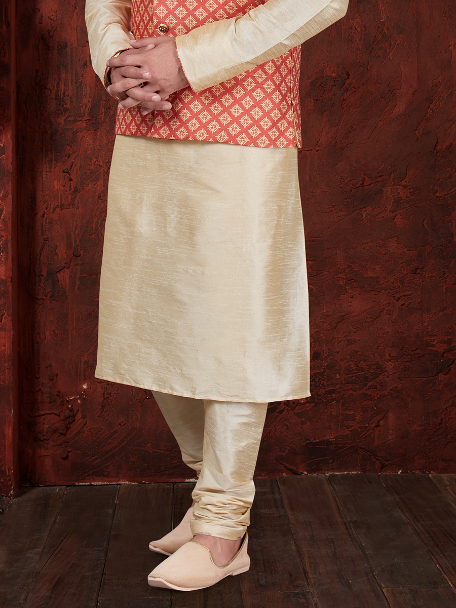 Cream Yellow And Vermilion Red Art Dupion Silk Plain Festival Kurta with Waistcoat