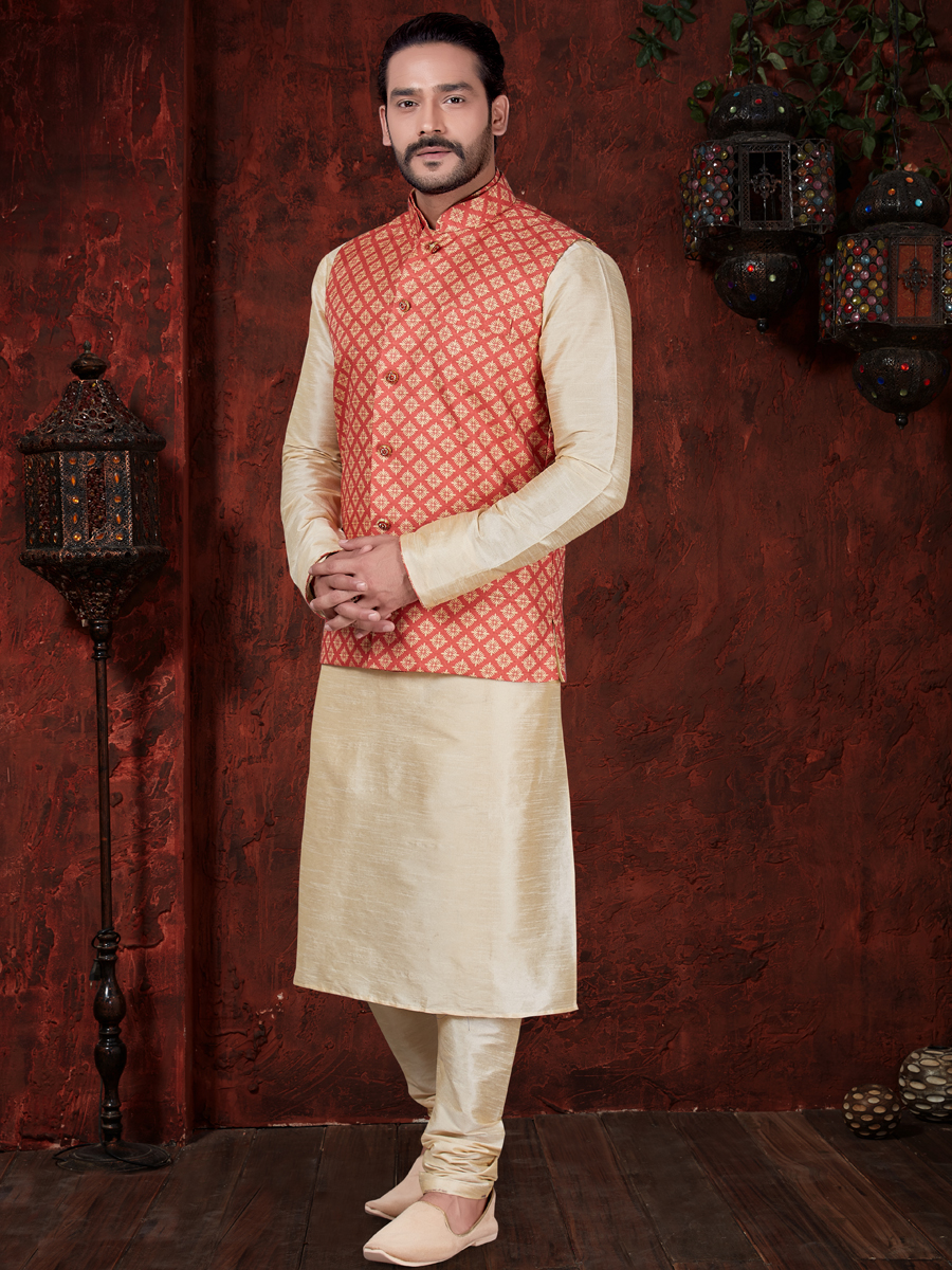 Cream Yellow And Vermilion Red Art Dupion Silk Plain Festival Kurta with Waistcoat