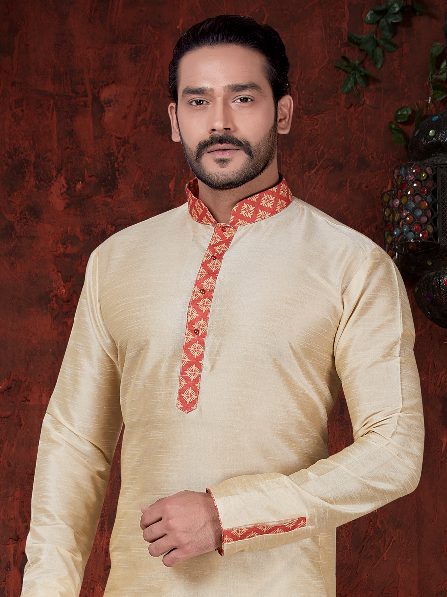 Cream Yellow Art Dupion Silk Embroidered Festival Kurta