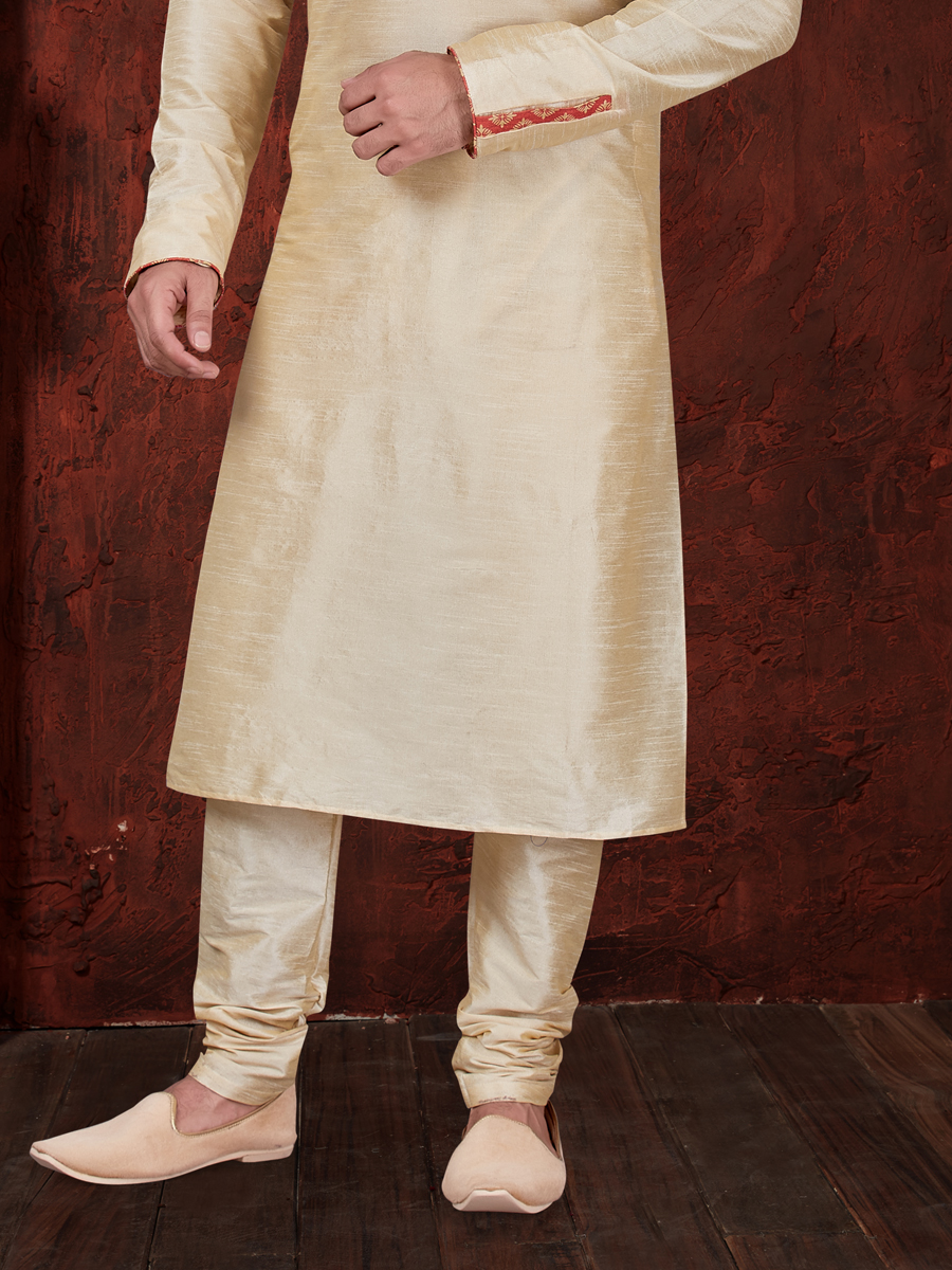Cream Yellow Art Dupion Silk Embroidered Festival Kurta
