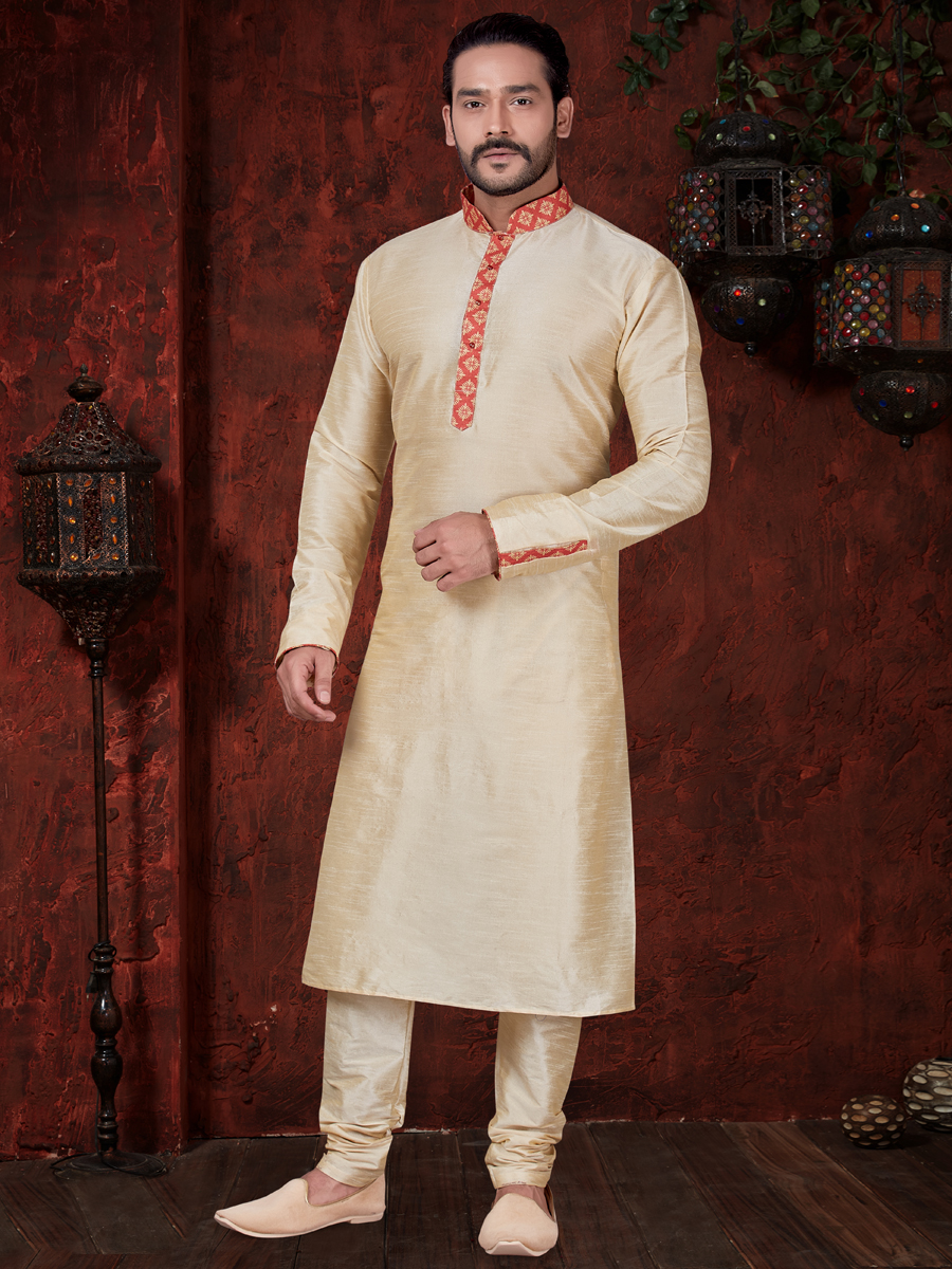 Cream Yellow Art Dupion Silk Embroidered Festival Kurta