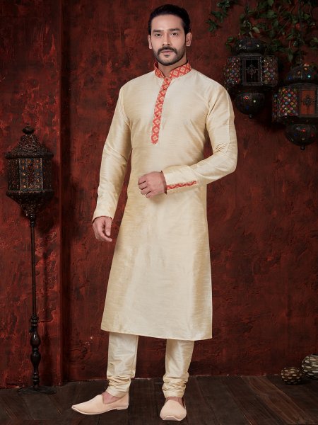 Cream Yellow Art Dupion Silk Embroidered Festival Kurta