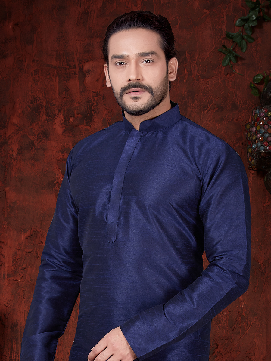 Prussian Blue Art Dupion Silk Plain Festival Kurta