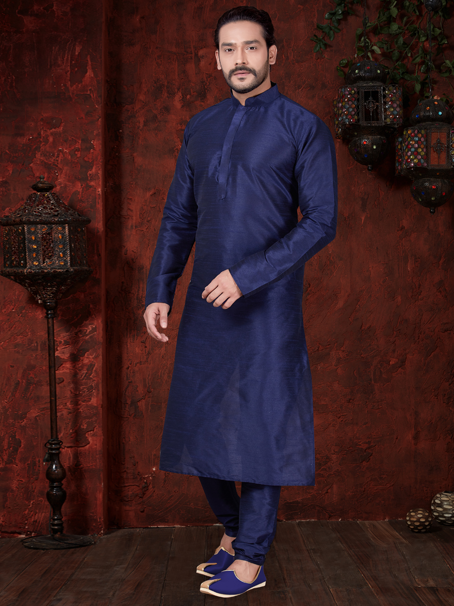 Prussian Blue Art Dupion Silk Plain Festival Kurta