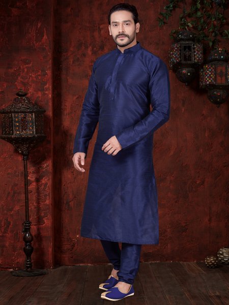 Prussian Blue Art Dupion Silk Plain Festival Kurta