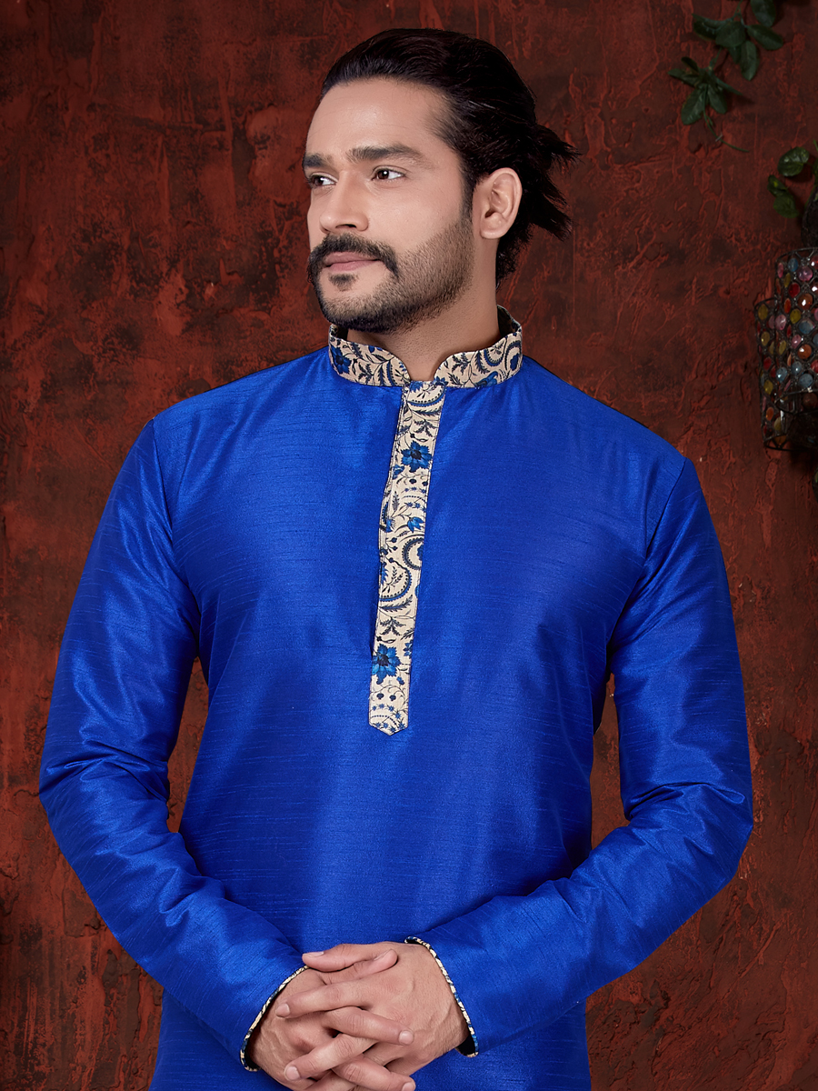 Royal Blue Art Dupion Silk  Embroidered Festival Kurta