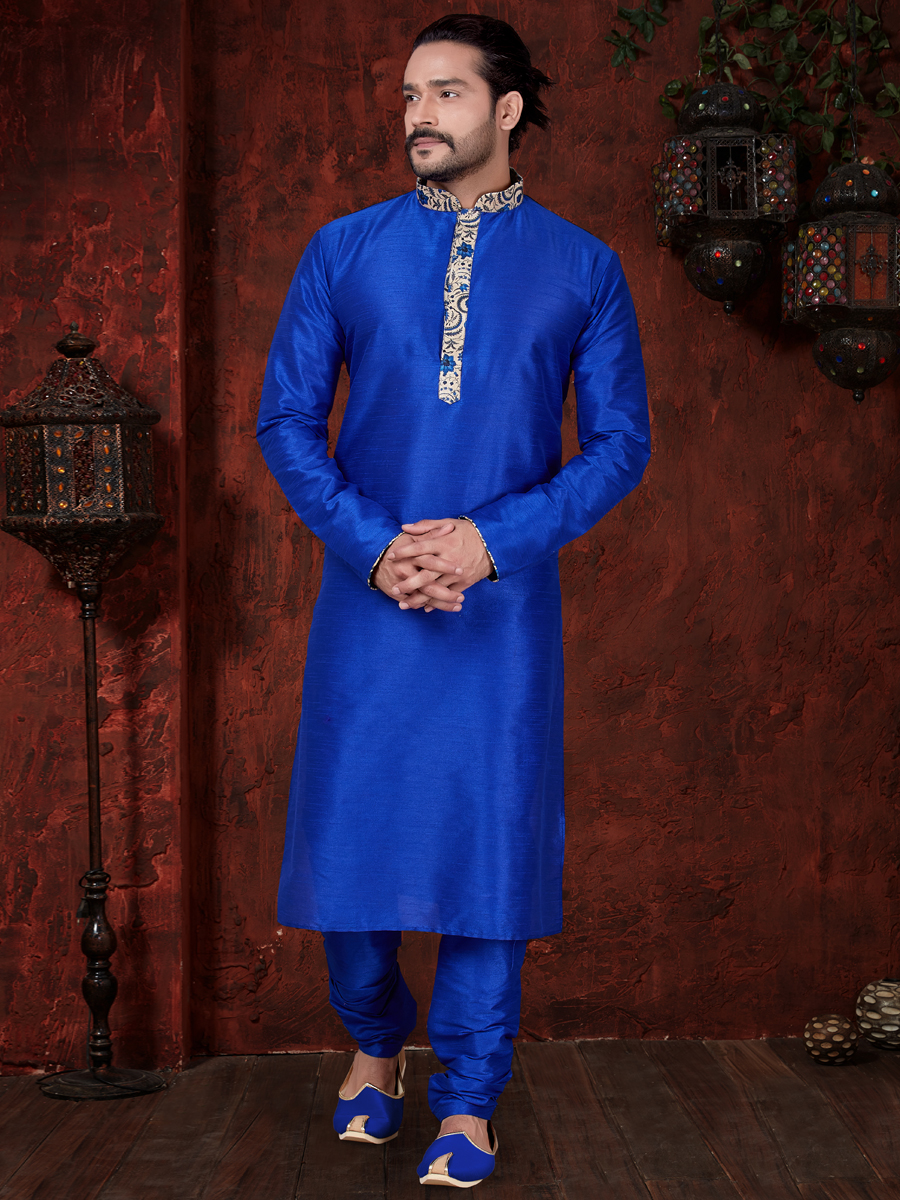 Royal Blue Art Dupion Silk  Embroidered Festival Kurta