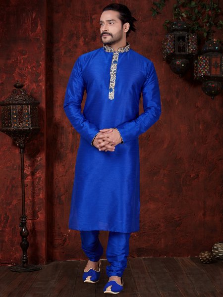 Royal Blue Art Dupion Silk  Embroidered Festival Kurta