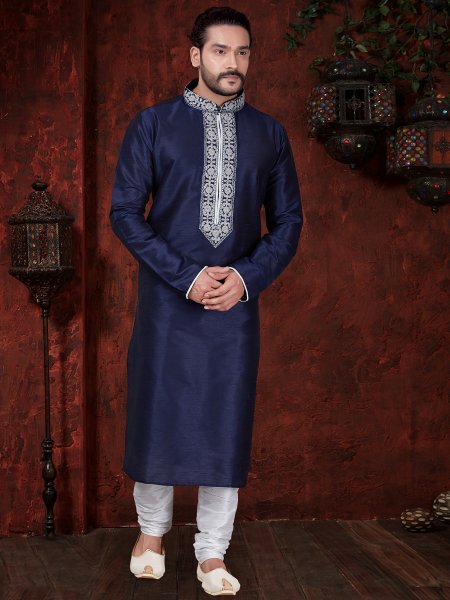 Prussian Blue Art Dupion Silk Embroidered Festival Kurta