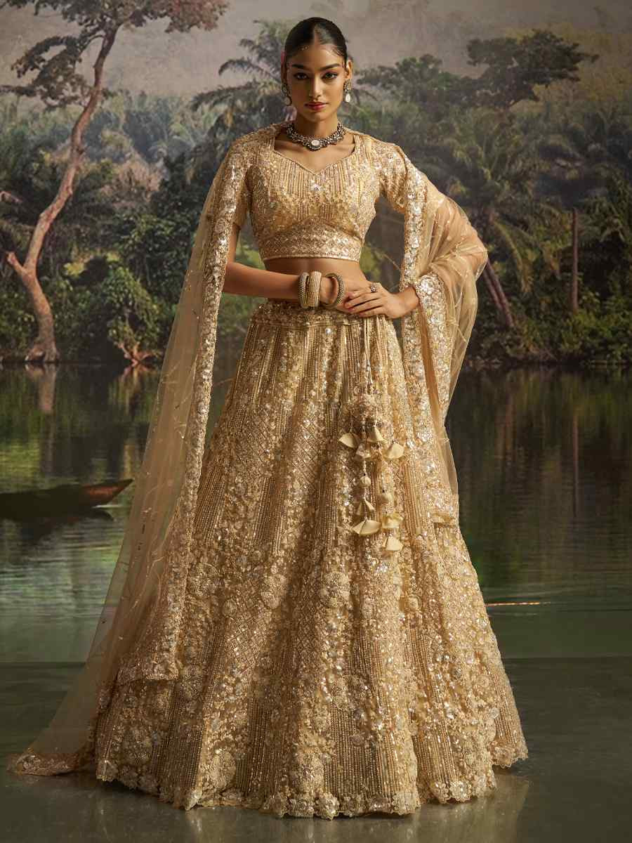Cream Soft Net Embroidered Festival Wedding Party Reception Heavy Border Lehenga Choli