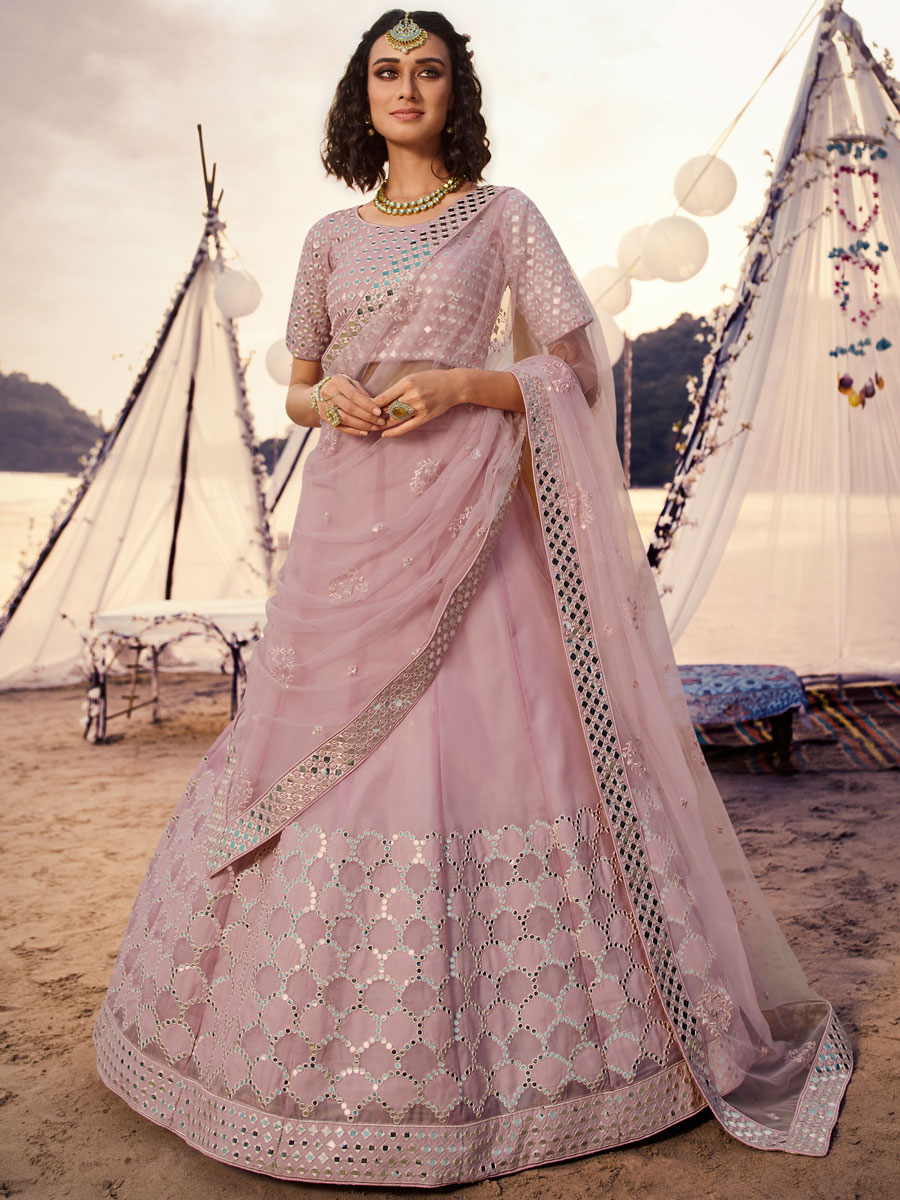 Lavender Pink Organza Embroidered Wedding Lehenga Choli