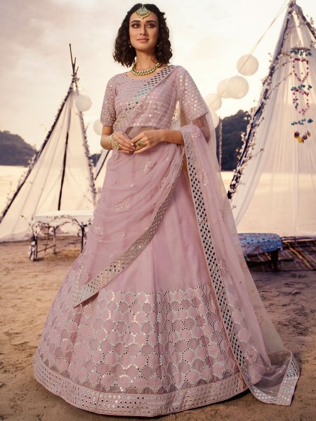 Lavender Pink Organza Embroidered Wedding Lehenga Choli