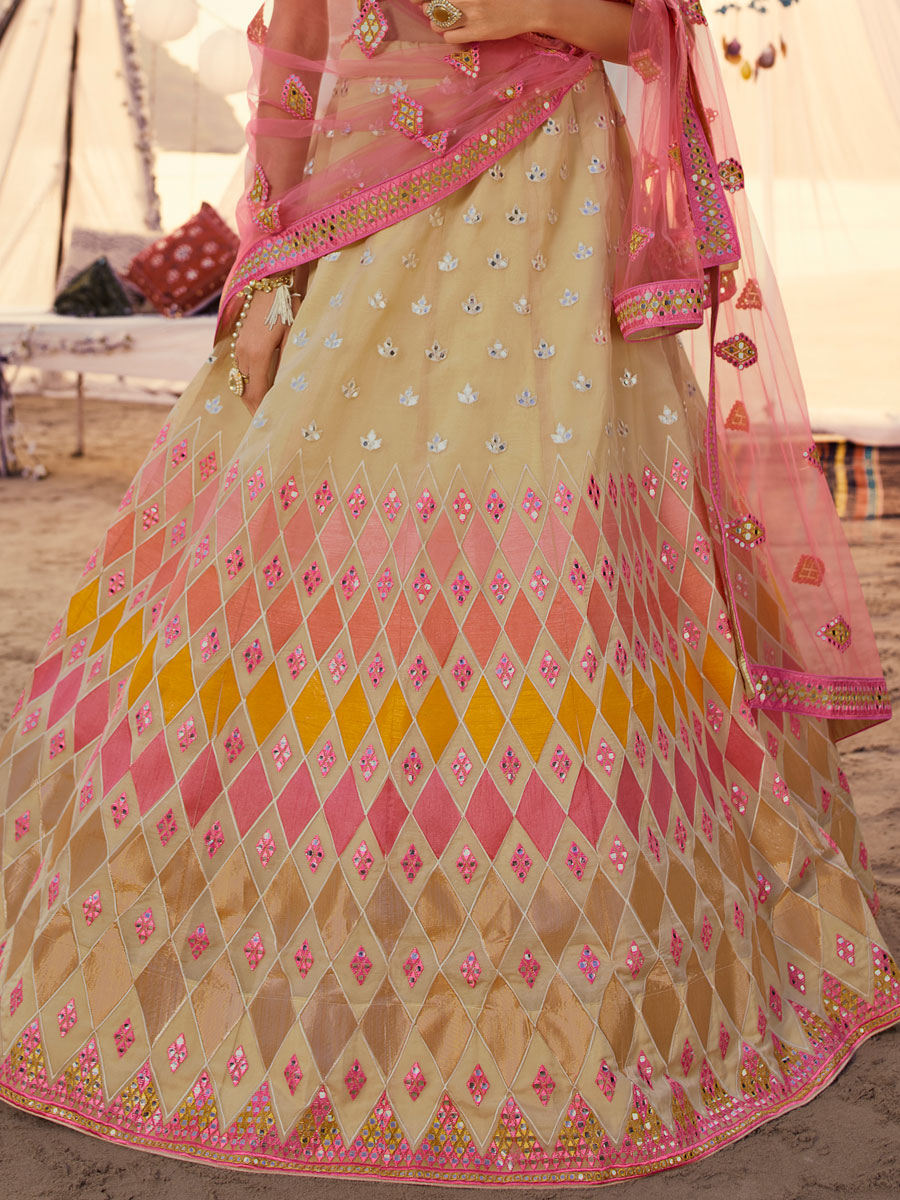 Beige Yellow Organza Embroidered Wedding Lehenga Choli