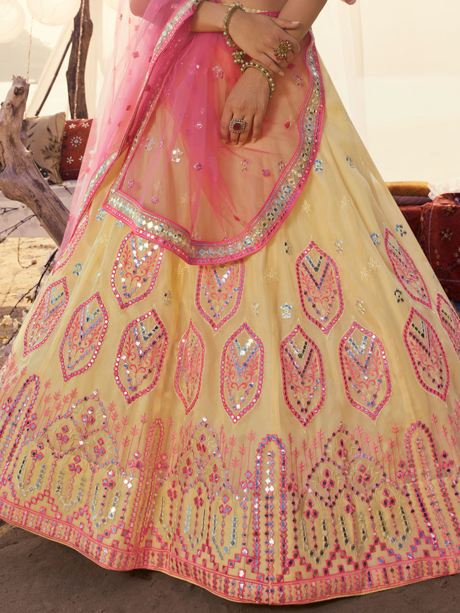Off-White Organza Embroidered Wedding Lehenga Choli
