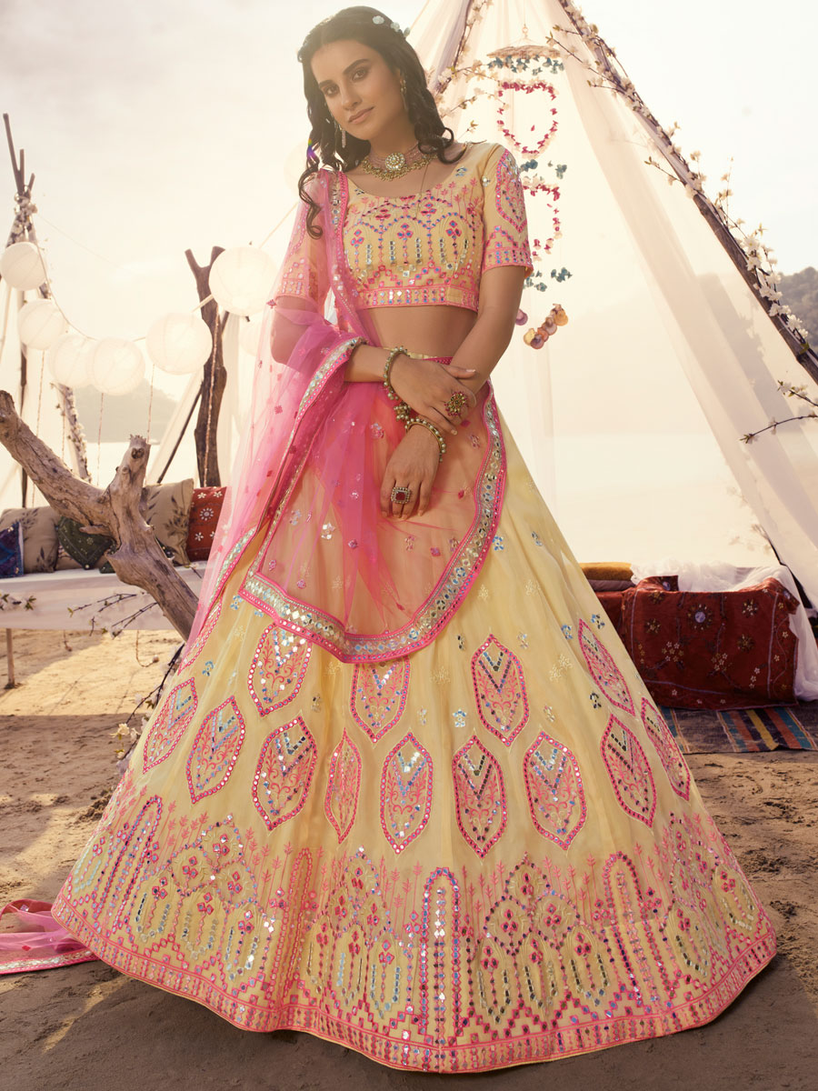 Off-White Organza Embroidered Wedding Lehenga Choli