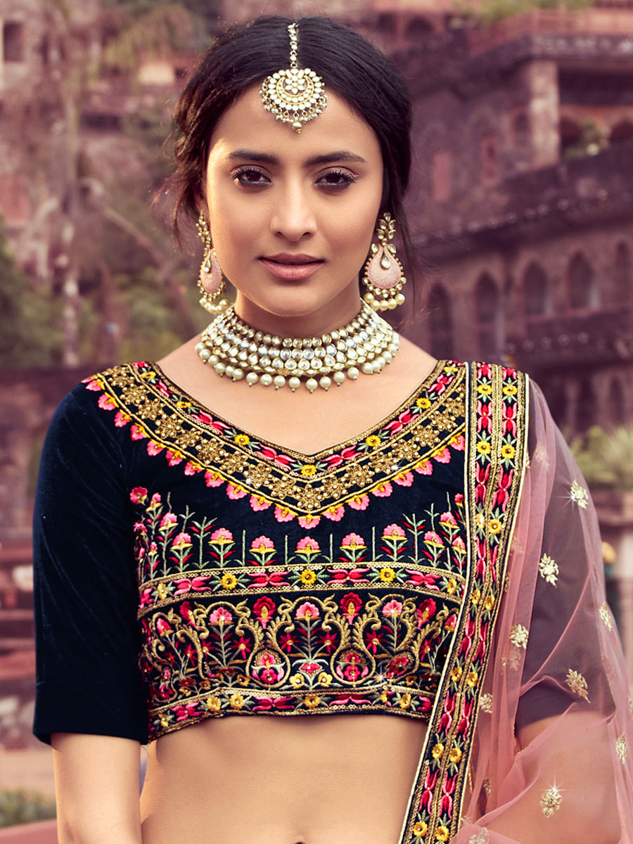 Navy Blue Velvet Embroidered Wedding Lehenga Choli