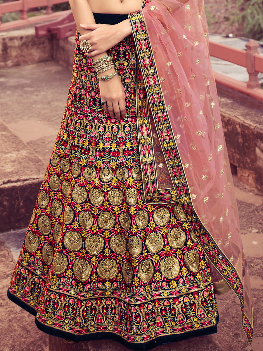 Navy Blue Velvet Embroidered Wedding Lehenga Choli
