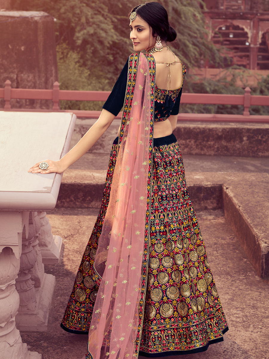 Navy Blue Velvet Embroidered Wedding Lehenga Choli