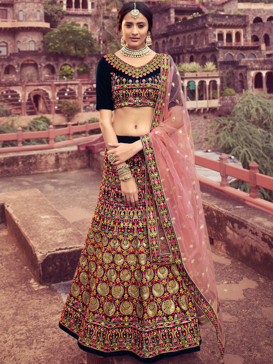 Navy Blue Velvet Embroidered Wedding Lehenga Choli
