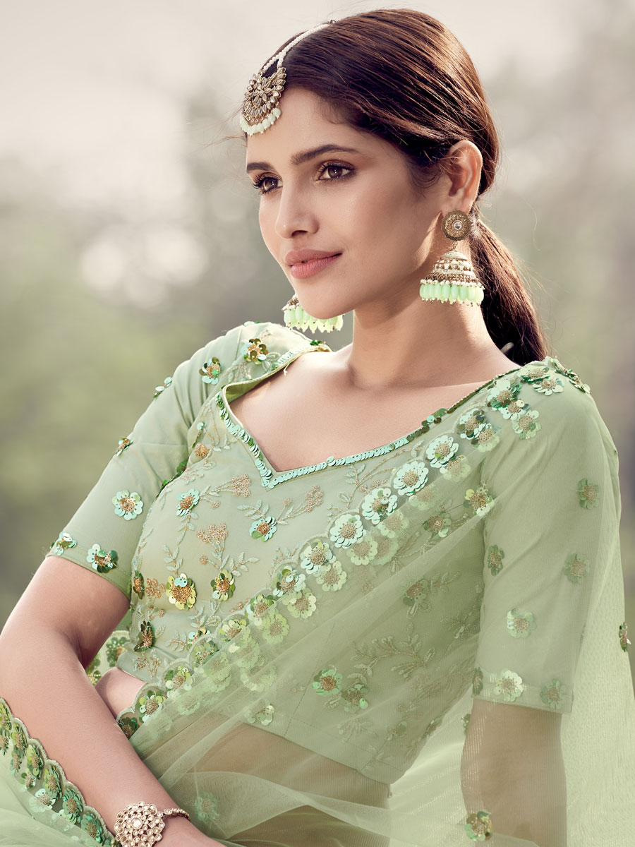Moss Green Net Embroidered Party Lehenga Choli
