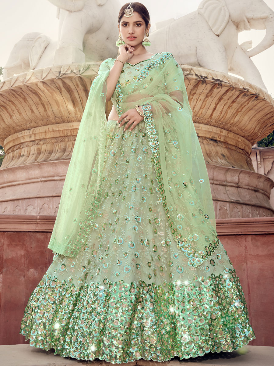 Moss Green Net Embroidered Party Lehenga Choli
