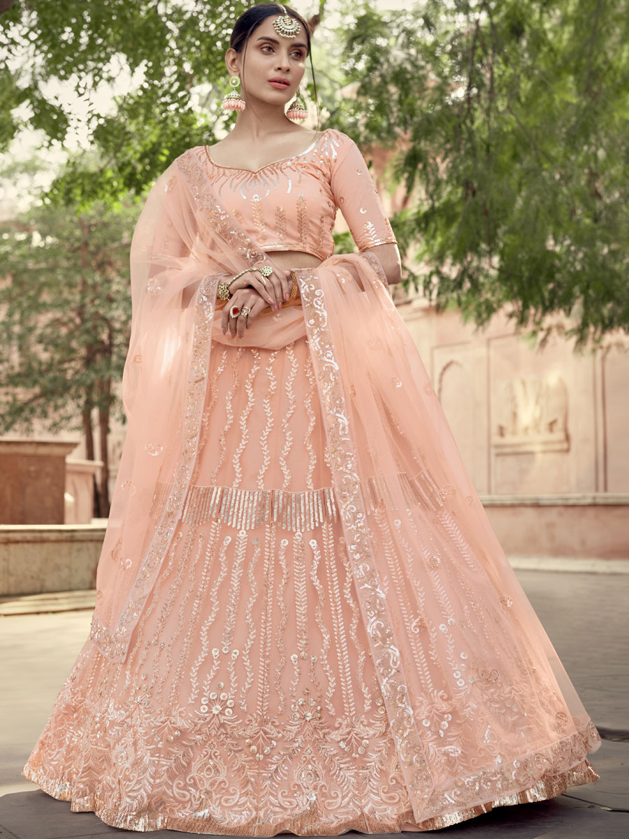 Coral Pink Net Embroidered Party Lehenga Choli