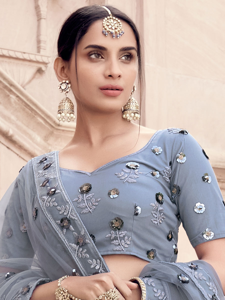 Gray Net Embroidered Party Lehenga Choli