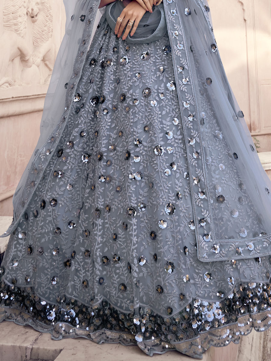 Gray Net Embroidered Party Lehenga Choli