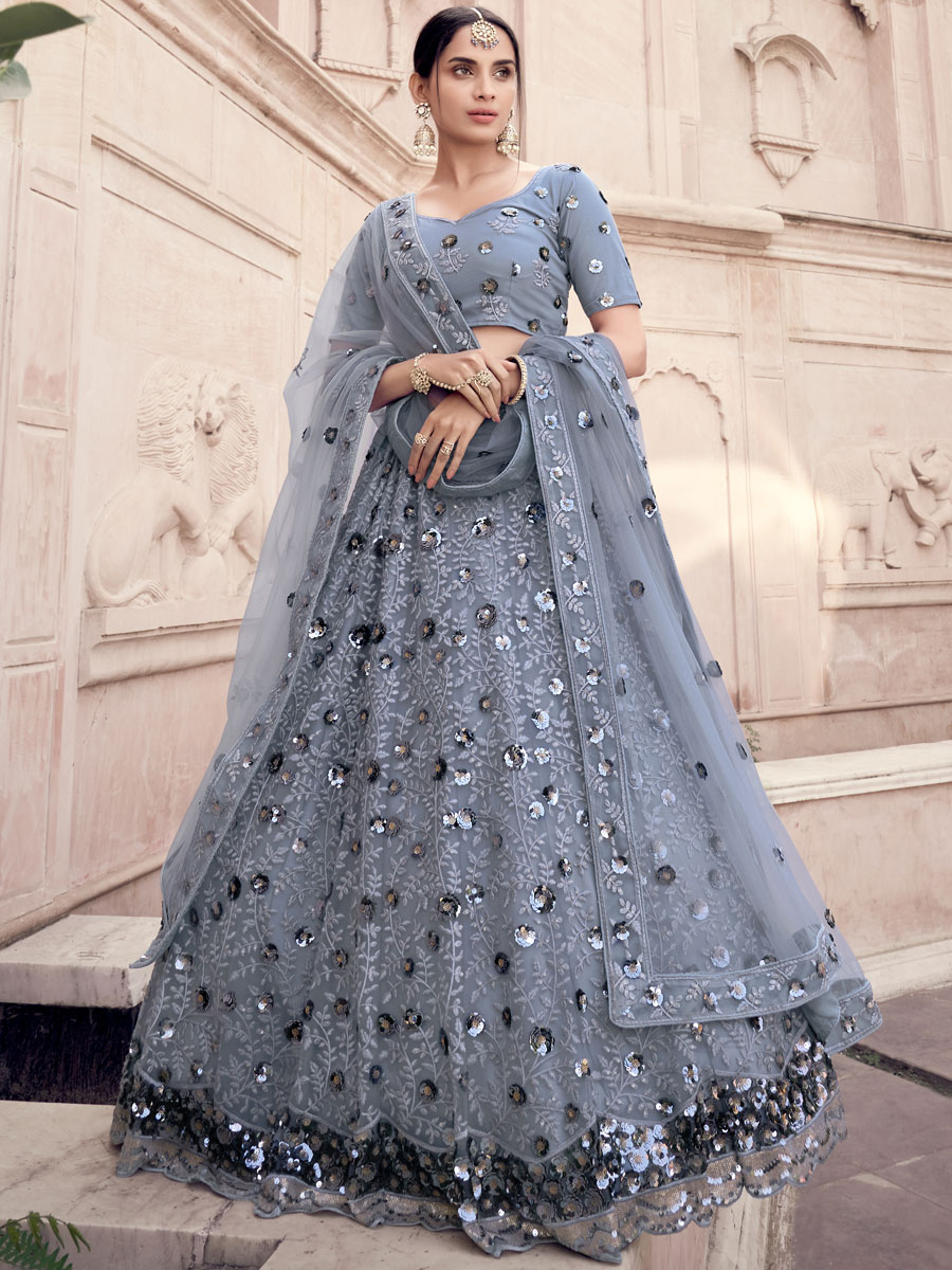 Gray Net Embroidered Party Lehenga Choli
