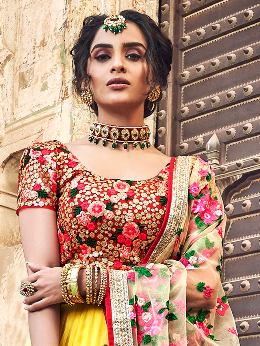Maize Yellow Net Embroidered Festival Lehenga Choli
