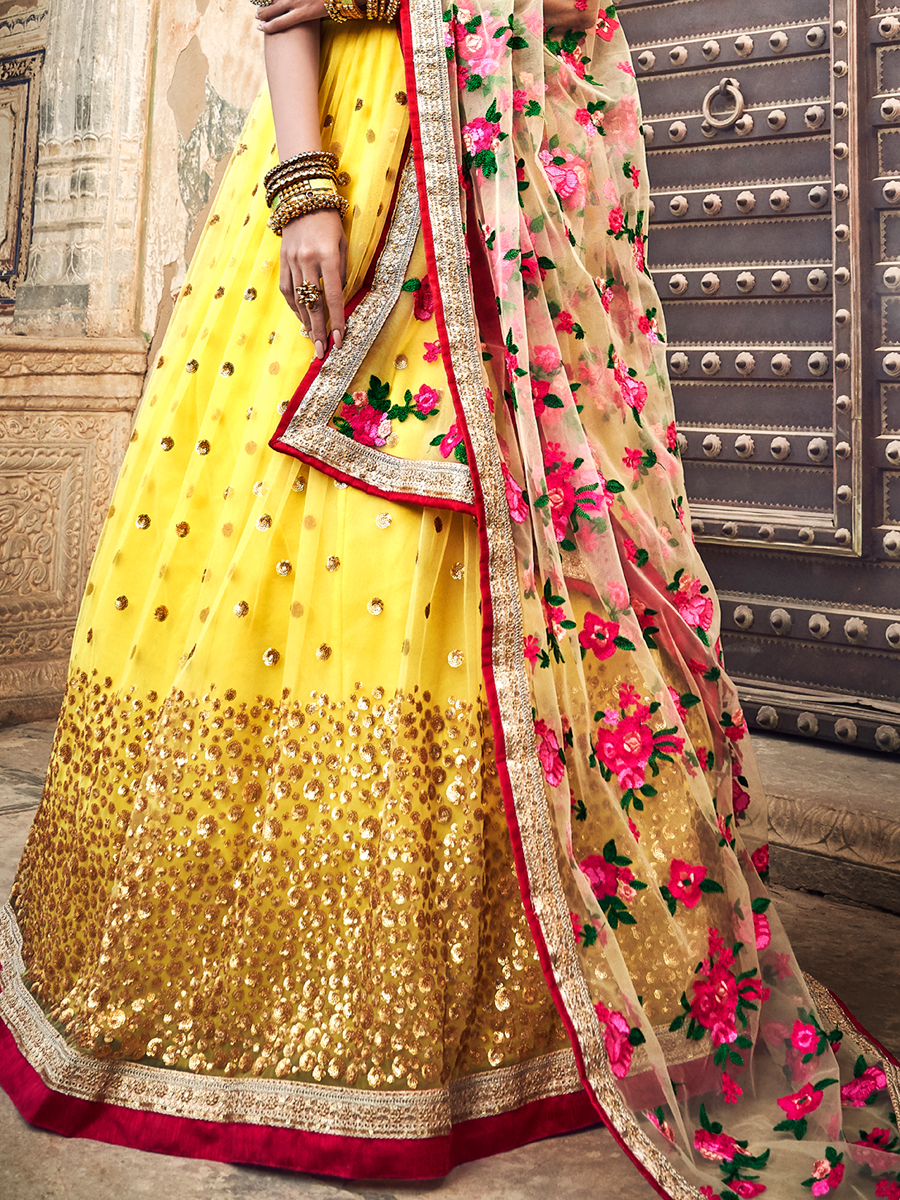 Maize Yellow Net Embroidered Festival Lehenga Choli