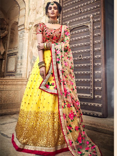 Maize Yellow Net Embroidered Festival Lehenga Choli