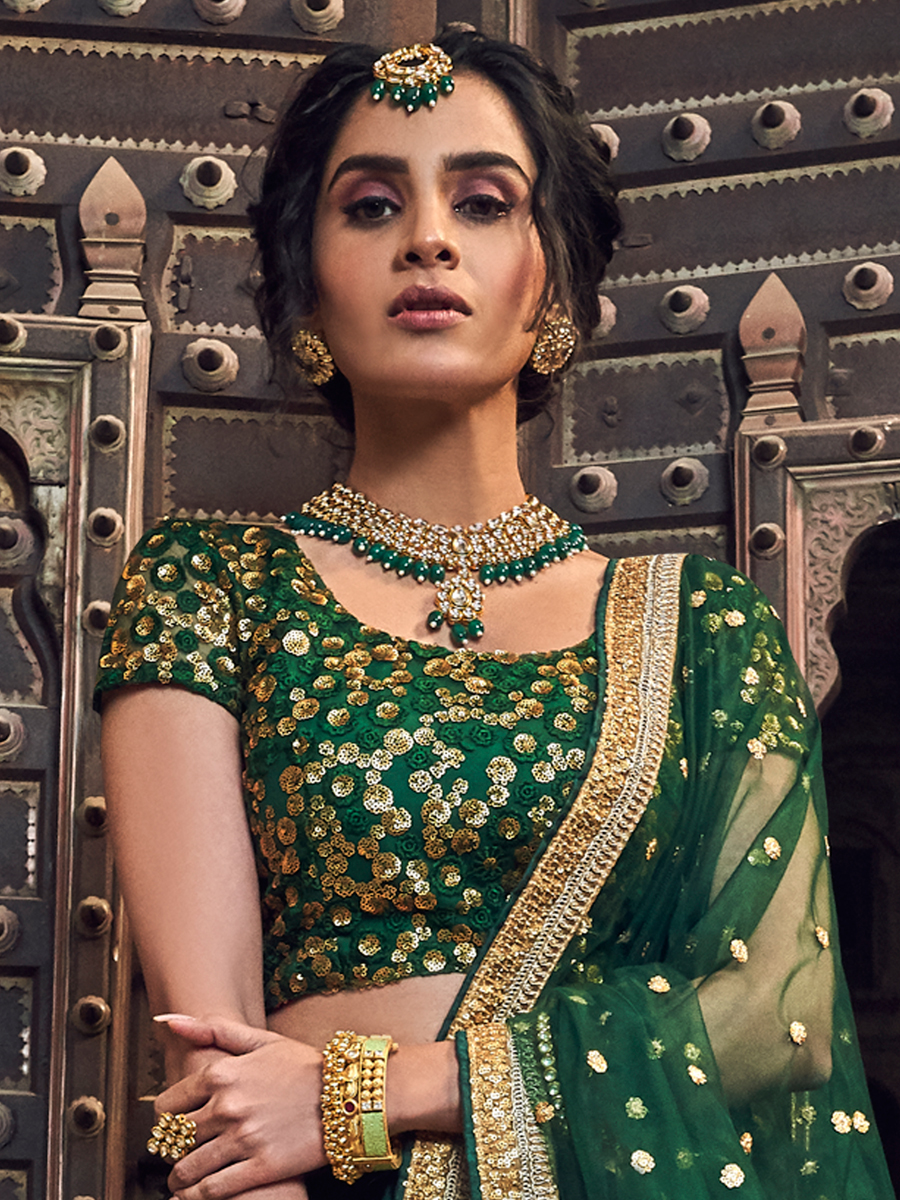 Hunter Green Net Embroidered Festival Lehenga Choli