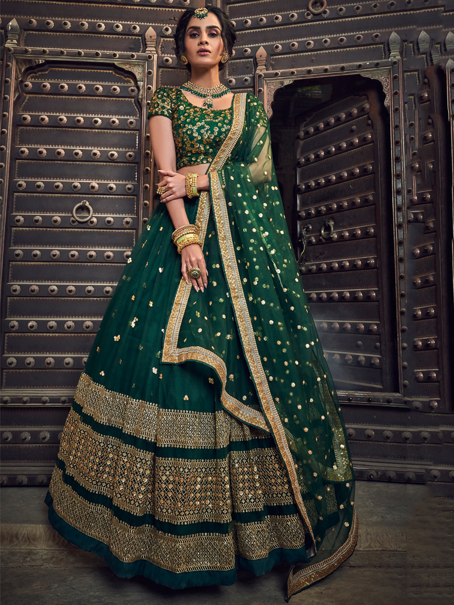 Hunter Green Net Embroidered Festival Lehenga Choli