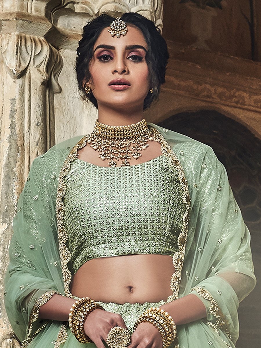 Celadon Green Net Embroidered Festival Lehenga Choli