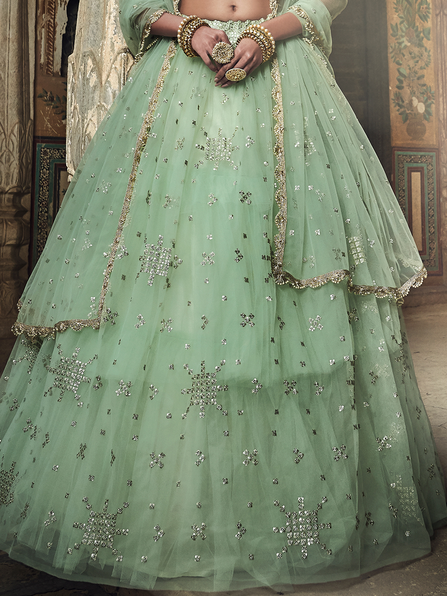 Celadon Green Net Embroidered Festival Lehenga Choli