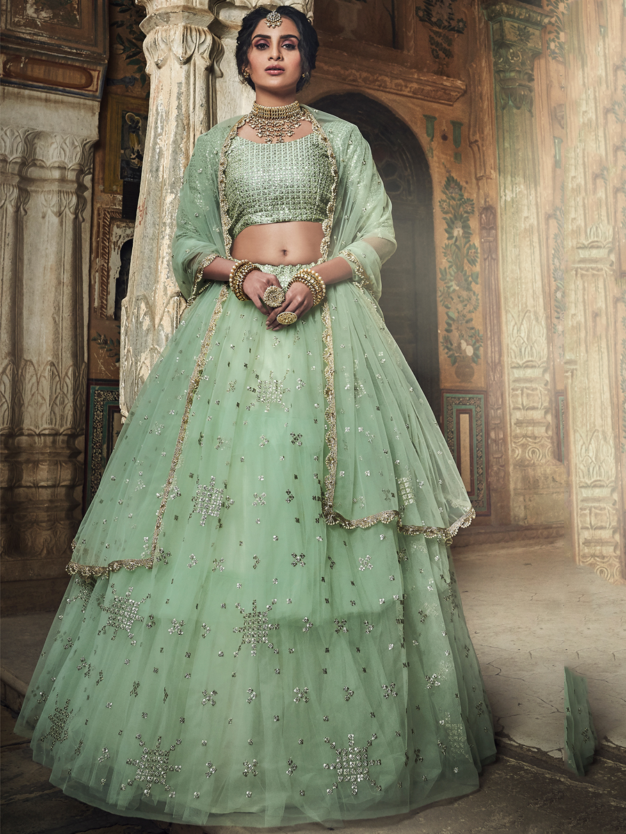 Celadon Green Net Embroidered Festival Lehenga Choli