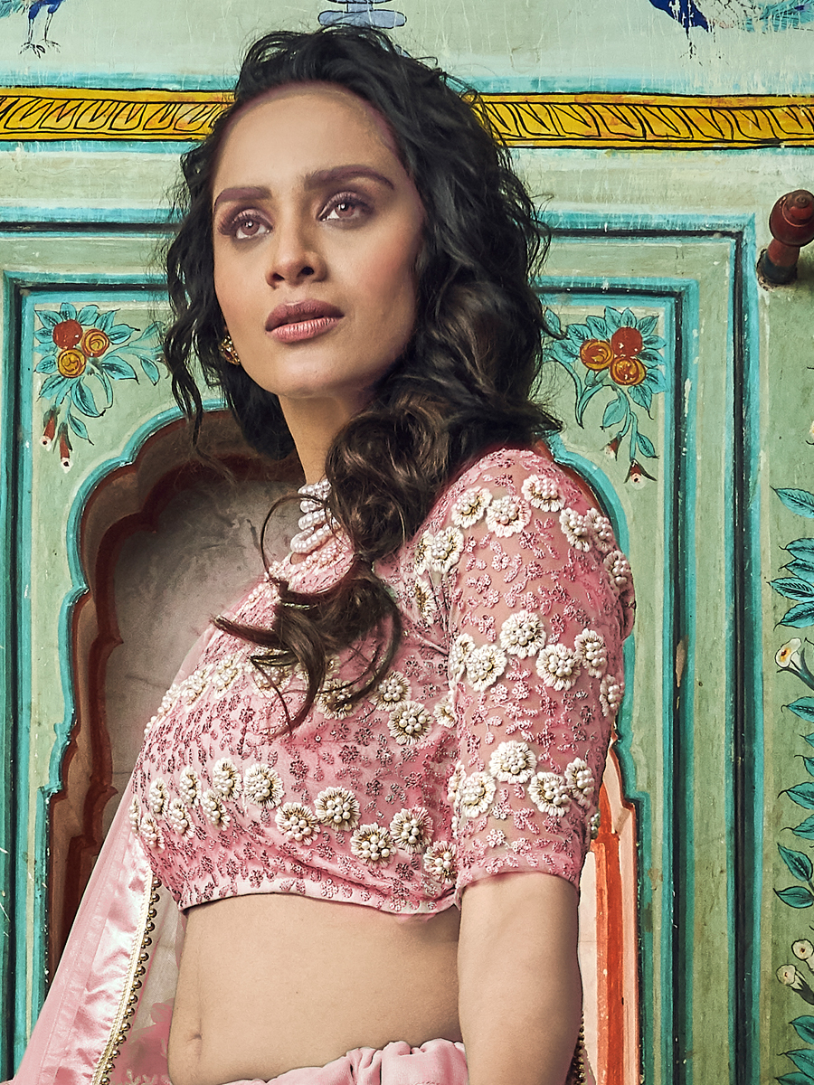 Salmon Pink Net Embroidered Festival Lehenga Choli