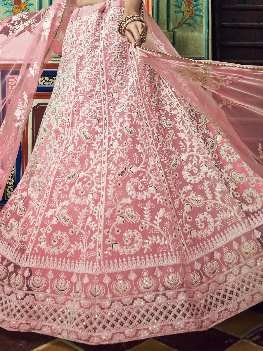 Salmon Pink Net Embroidered Festival Lehenga Choli