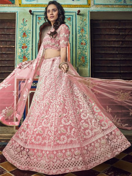 Salmon Pink Net Embroidered Festival Lehenga Choli