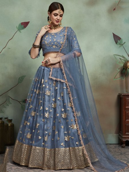 Arsenic Gray Net Embroidered Party Lehenga Choli