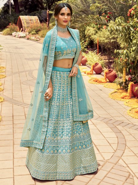 Turquoise Blue Organza Embroidered Wedding Lehenga Choli