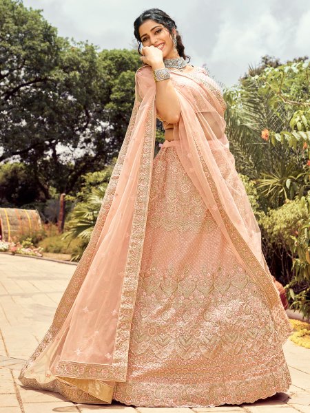 Tea Rose Pink Organza Embroidered Wedding Lehenga Choli