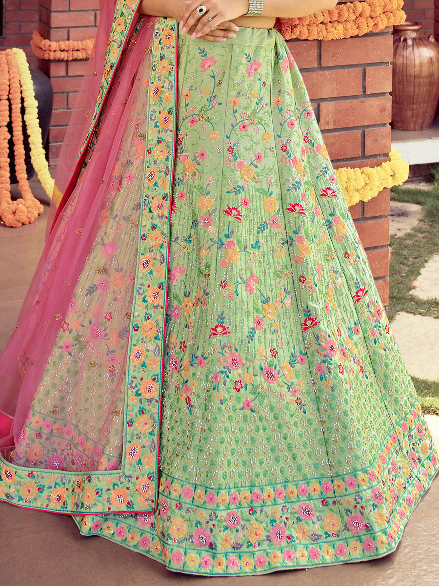 Moss Green Silk Embroidered Wedding Lehenga Choli