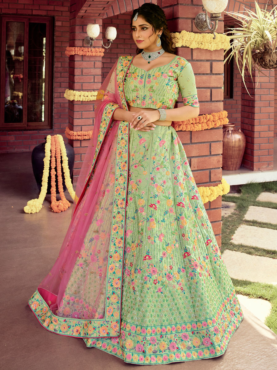 Moss Green Silk Embroidered Wedding Lehenga Choli