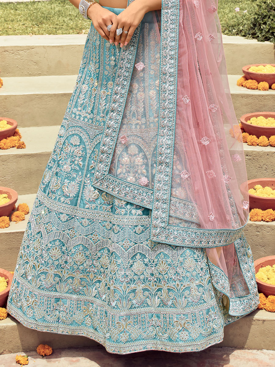 Maya Blue Organza Embroidered Wedding Lehenga Choli