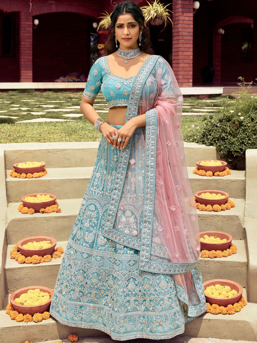 Maya Blue Organza Embroidered Wedding Lehenga Choli