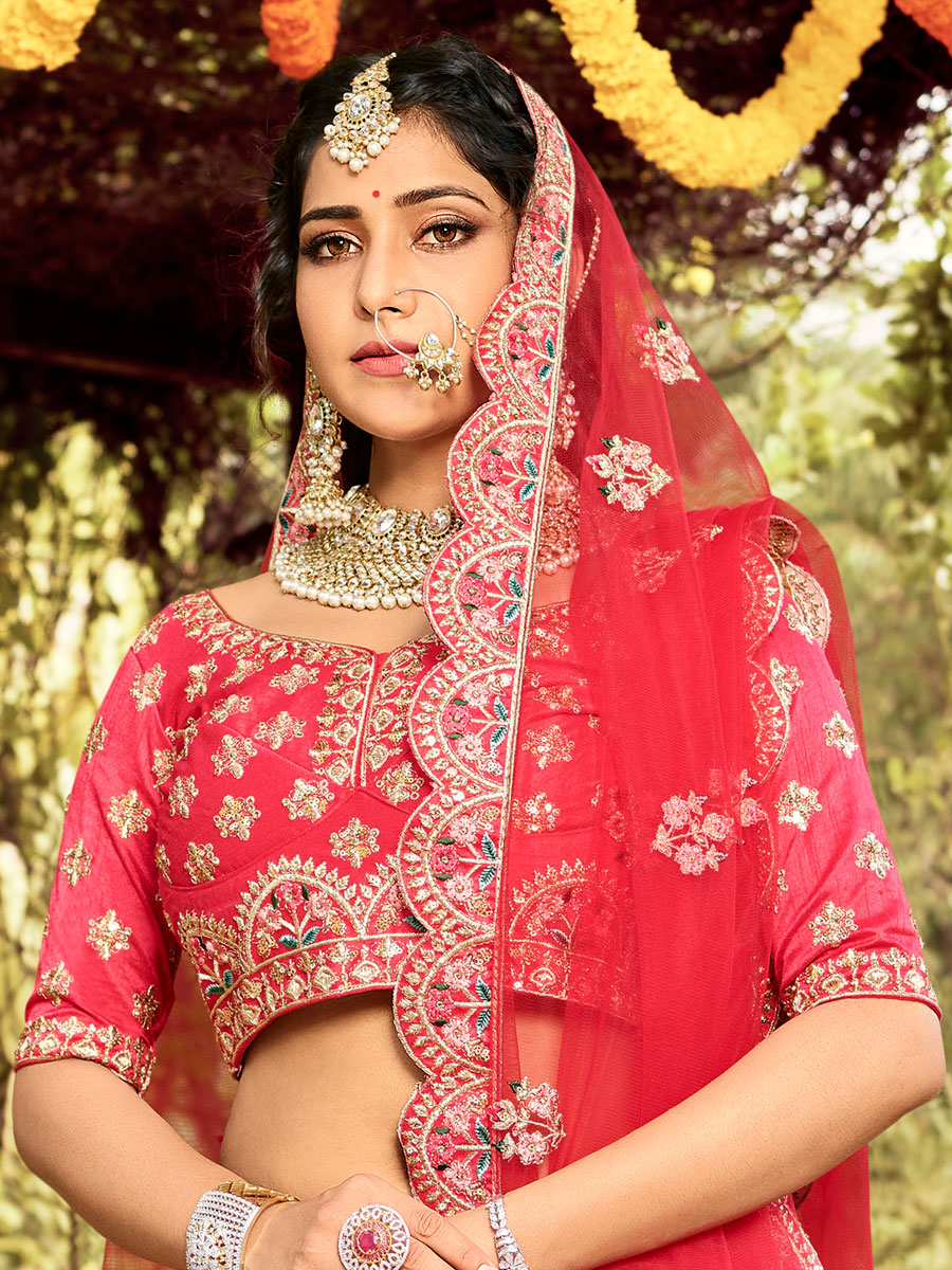 Ruby Red Silk Embroidered Wedding Lehenga Choli