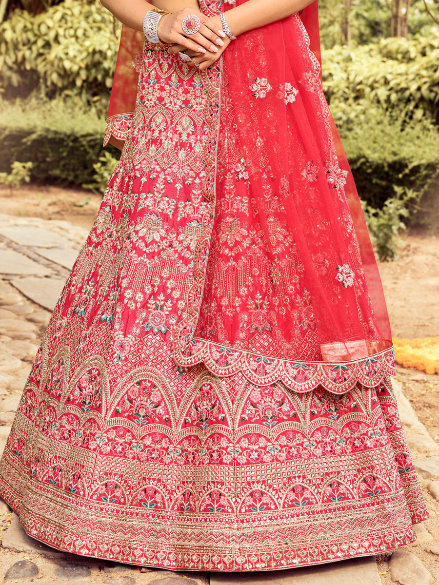 Ruby Red Silk Embroidered Wedding Lehenga Choli