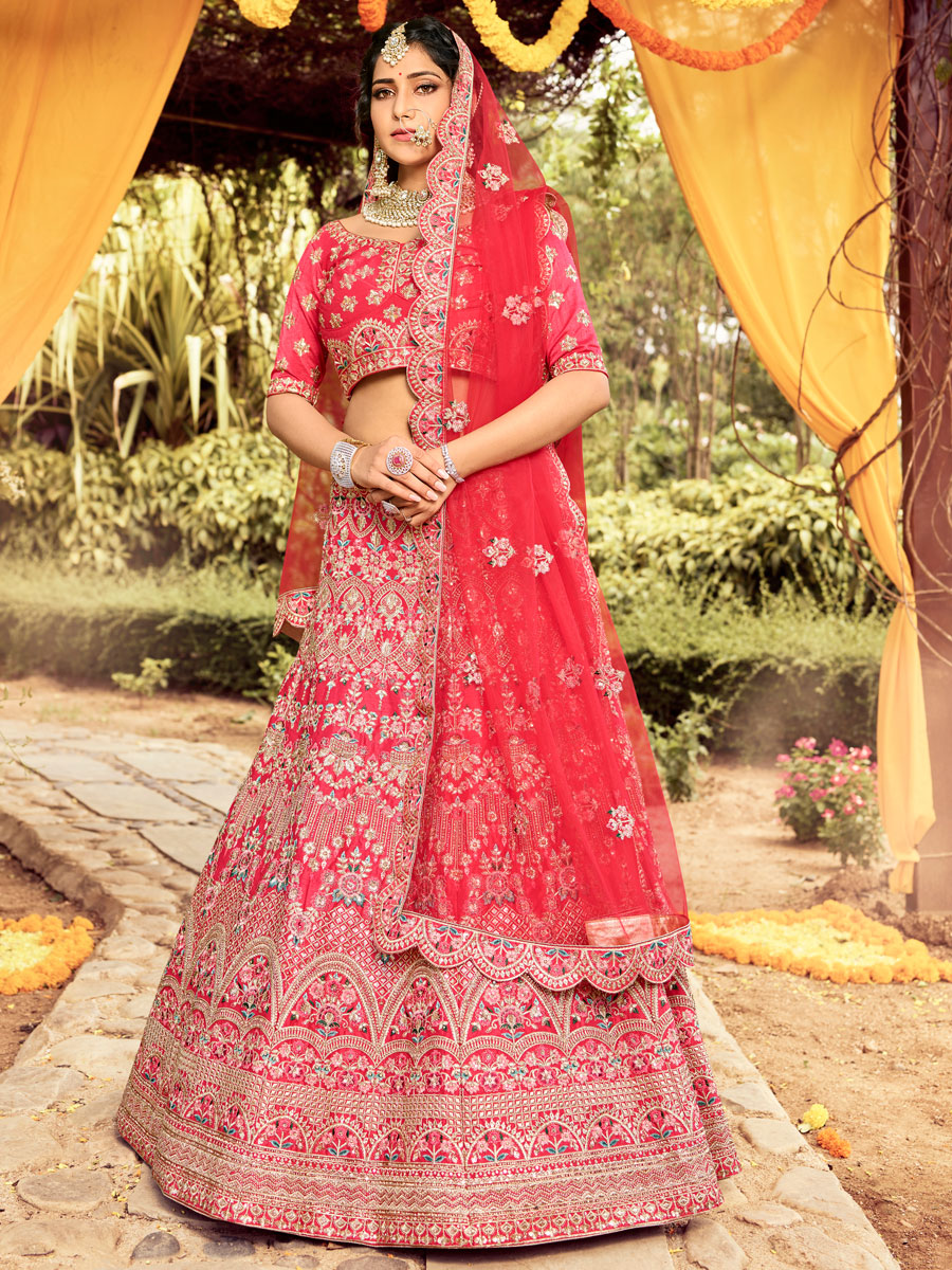 Ruby Red Silk Embroidered Wedding Lehenga Choli